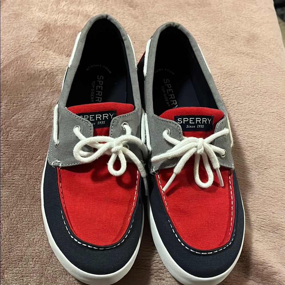 Sperry Red and Navy Boat Shoes Big Kids Size 6.5